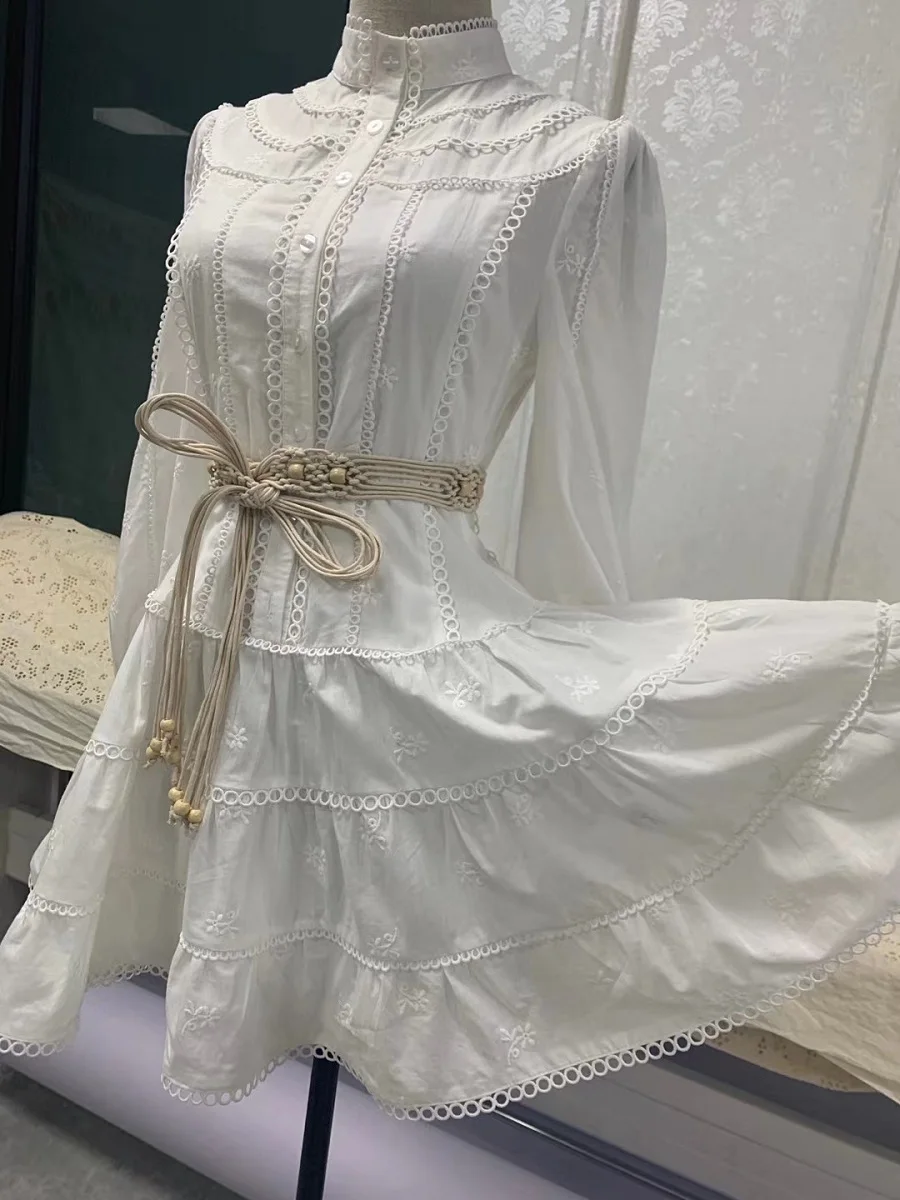 

heavy Big craft brand lace embroidery hollow women's sexy pleated dress 2021New women's wear autumn belt big swing dress Bing XL