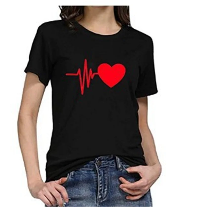 

Electrocardiogram Harajuku Heart T Shirt Women Short Sleeve O Neck Loose Tshirt Summer Tops casual basis O-collar Tee