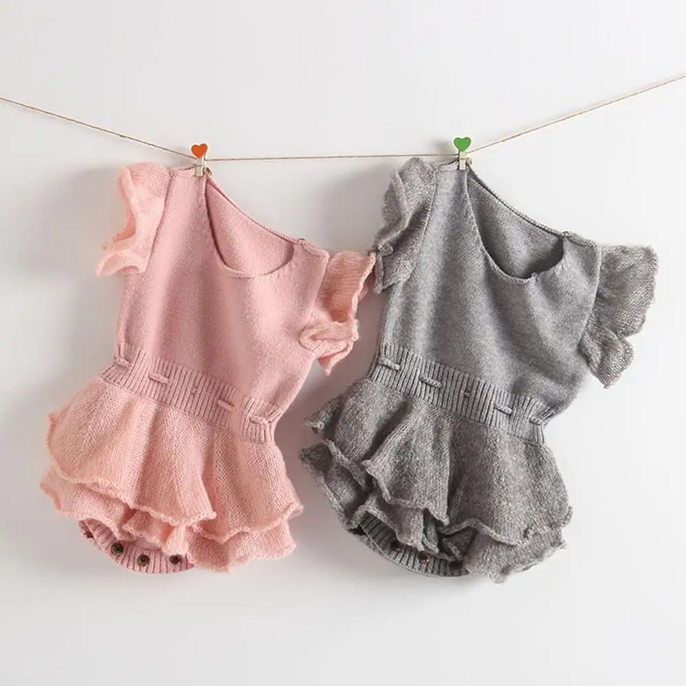 

Baby Girl Knitted Romper Cute Lovely Autumn Spring Flying Sleever Layered 2 Layers Ruffled Newborn Infant Bodysuit