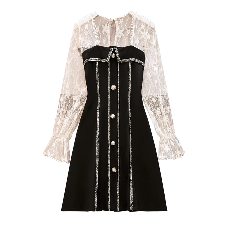 

plus size sexy lace dress elegant vintage long sleeve button knee length dress vestidos casual lace patchwork autumn dress