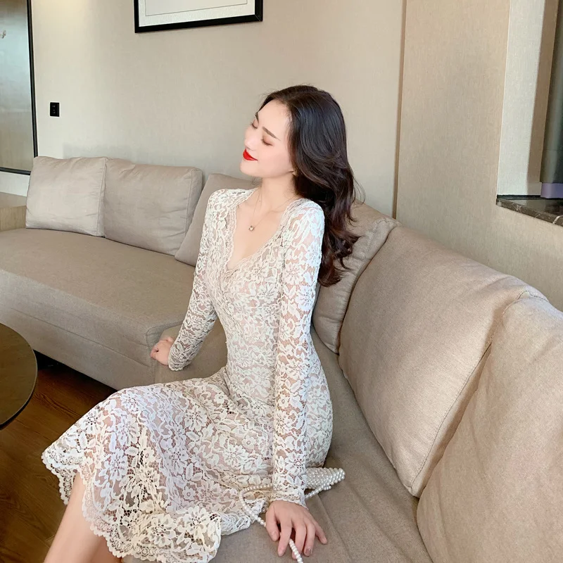 Французское платье миди с длинным рукавом пикантное кружевное женское