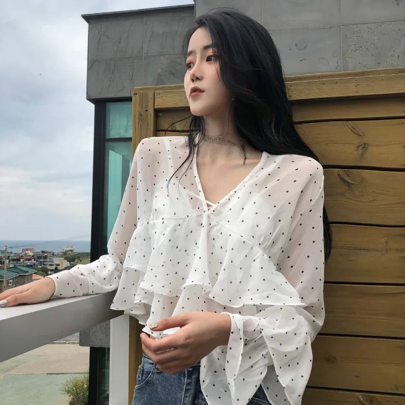 

Women Polka Dot Blusas Shirts Spring Fashion V Neck Long Sleeve Blouse Femininas Casual Tops Chiffon Perspective Blouse Women