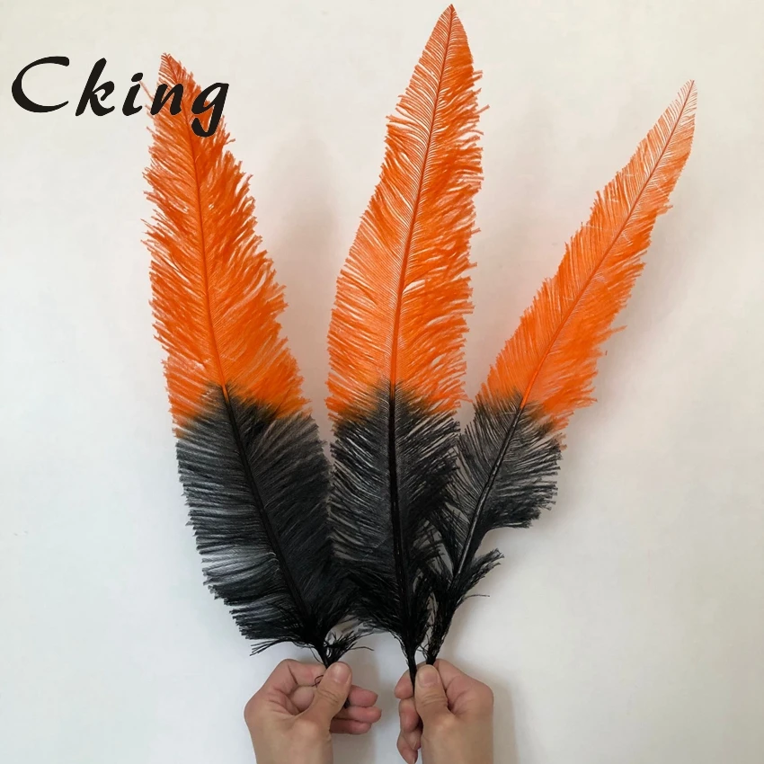 Preise Großhandel Zwei Ton Straußen Feder Orange Top Mit Schwarzen Boden Nandu Strauß Plumas 45-50CM 18-20