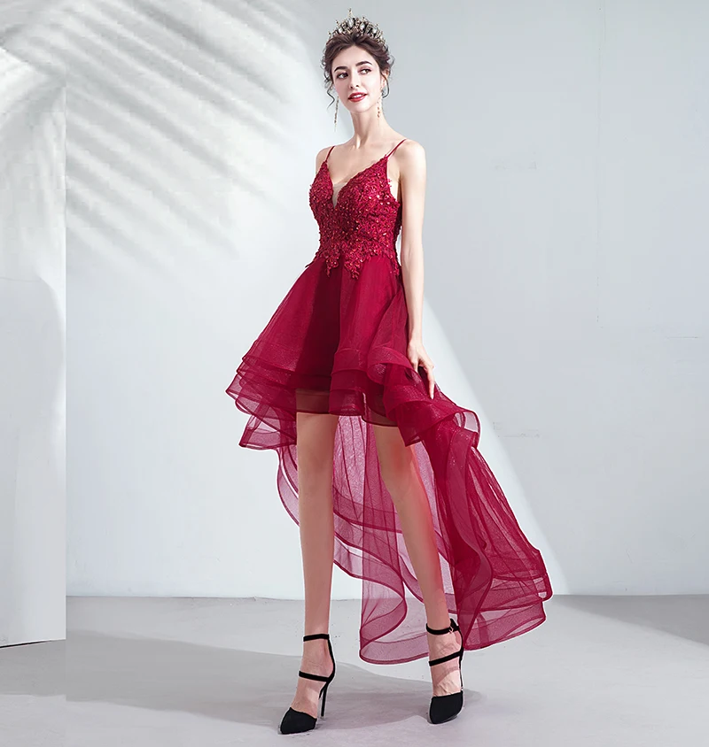 Женское коктейльное платье SSYFashion Бордовое с V образным вырезом коротким спереди