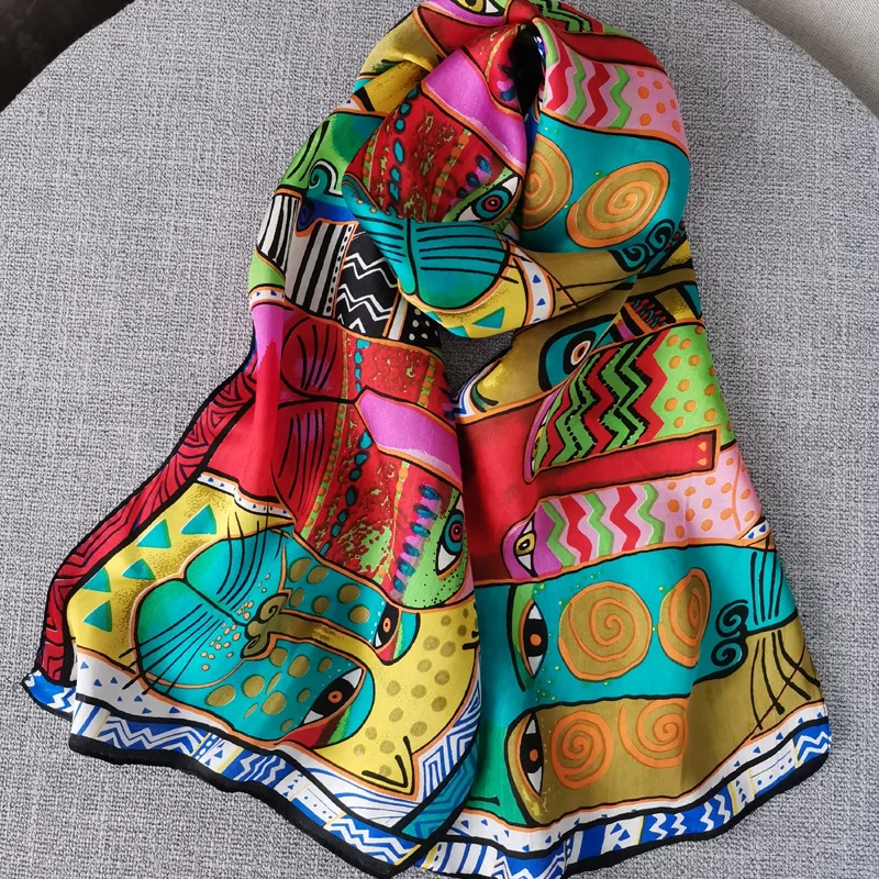 

6MM 100% Pure Silk Scarf Designer Cat Shawl Foulard Women Long Natural Silk Wraps Digital Print Pashmina Hijab Luxury Brand 2020