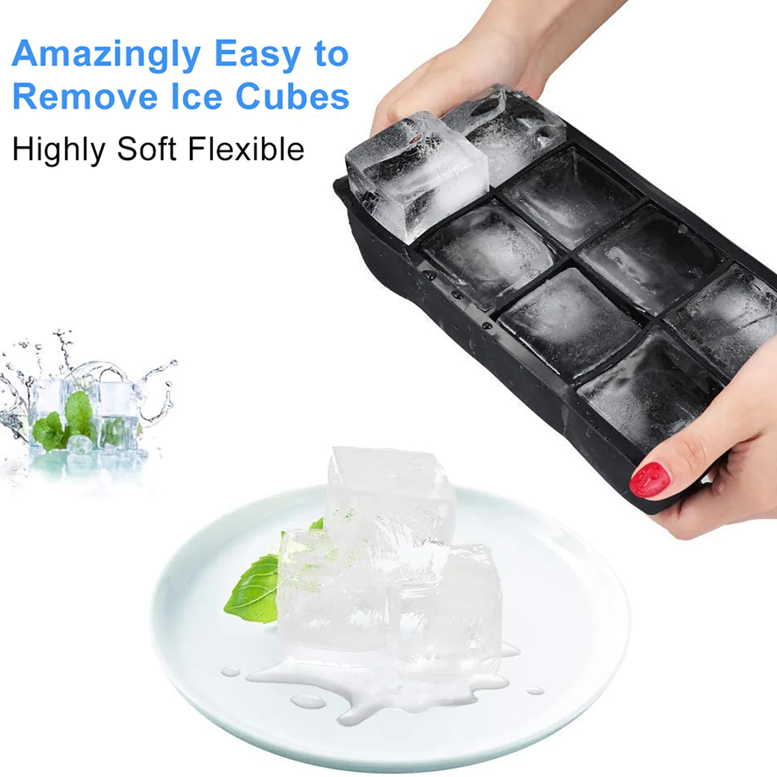 

Silicone Ice Cube Trays for Freezer 8 Cells Flexible Large Square Ice Molds, for Cocktails Whiskey Chilled Drinks