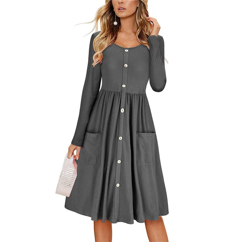 

Women Button Dress 2021 Autumn Casual O Neck Long Sleeve Pockets Slim Ladies Dresses Vintage Solid A-line Midi Dresses Vestidos
