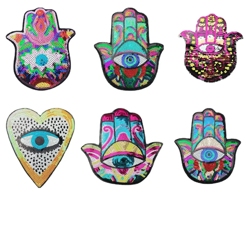 

Hand Eyes Sequin Patches Iron on Patch for Clothing Hamse Palm Fatima Witchcraft Embroidery Applique Fabric DIY Apparel Decor