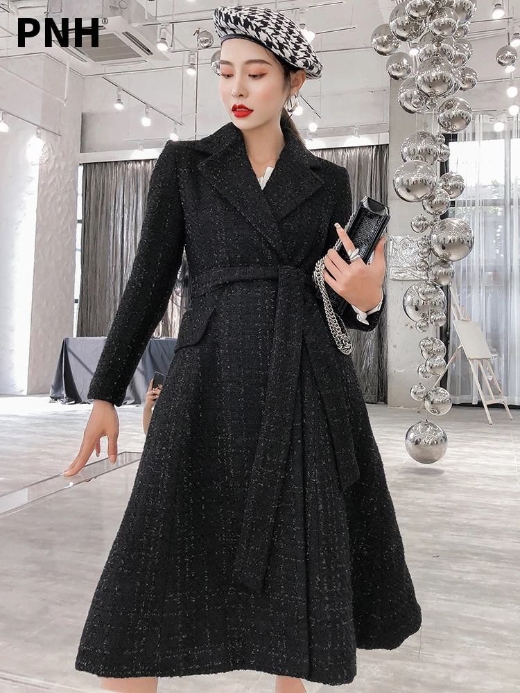 

Черное твидовое пальто, женское средней длины, новинка 2021, осенне-Зимнее Шерстяное приталенное зимнее пальто в стиле Хепберн