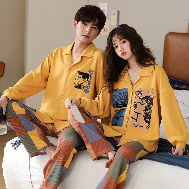 

Spring Autumn Couples Pajamas 100% Cotton Novelty Two-Piece Leisure Concise Long Sleeves Homewear Suit Female Male Sleepwear