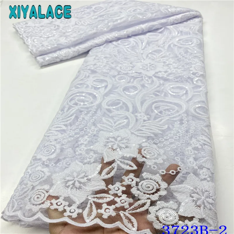 

Африканская кружевная ткань, чисто белая нигерийская ткань, вышивка блестками, африканская кружевная ткань для свадьбы, 5 ярдов KS3723B