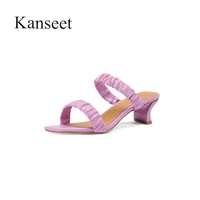 kanseet fashion pleated 2021 summer womens slippers square toe female shoe strange style heel handmade mid heels slippers woman
