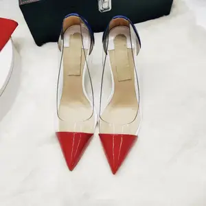 Free shipping fashion women pumps red blue patent leather pvc clear pointy toe heels Casual Designer pumps high heels