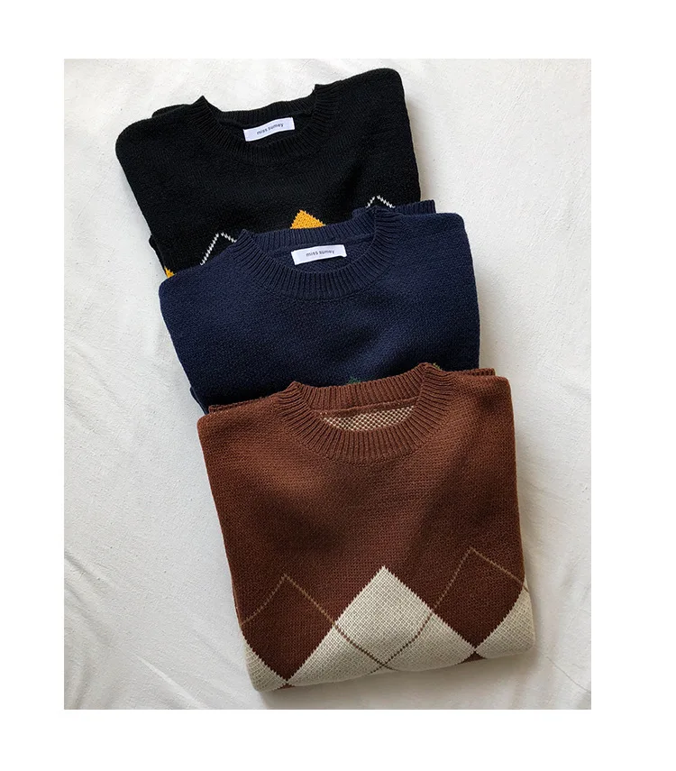 

3 Colors Korean Ins Style Knitted Sweaters Women Casual O Neck Loose Long Sleeve Sweater Female Plaid Oversize Jumpers