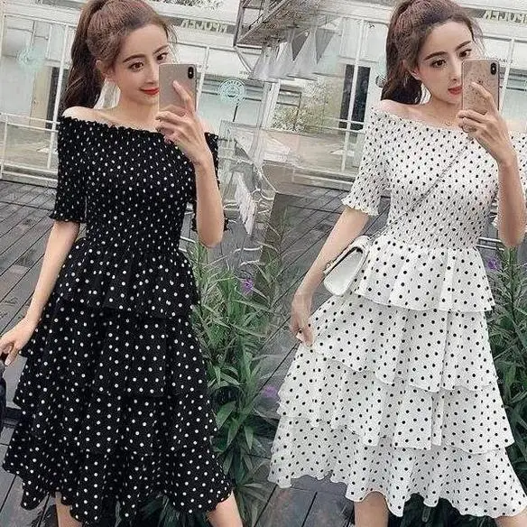 Summer Women Romantic Dress Sexy Slash Neck Bodycon Polka Dot Layered White Black Princess Ruffles Party Chic AE778 | Женская одежда