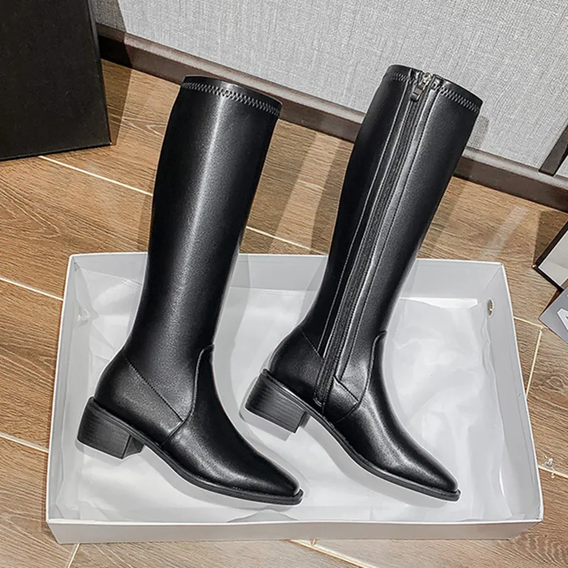 

Fashion Women Shoes Knee-High Sexy Slim Stretch Boots British style Square Toe Leather Long Boots Famale Knight Boots 02A