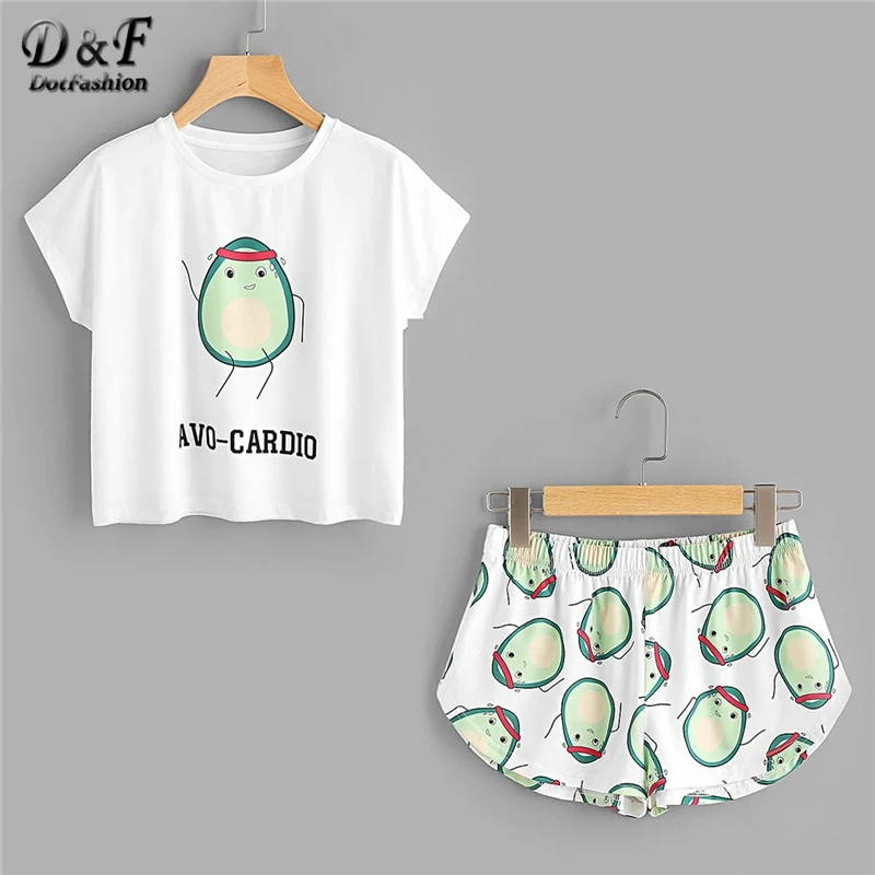 Dotfashion/комплект из футболки и шорт с принтом авокадо из мультфильма, женская пижама, повседневный пижамный комплект с коротким рукавом, Женская эластичная одежда для сна