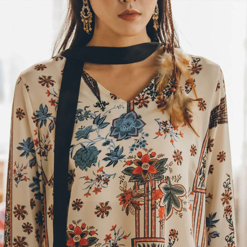 

2020 new summer bohemian summer long-sleeved beach skirt dress female summer short retro skirt casual retro printed skirt