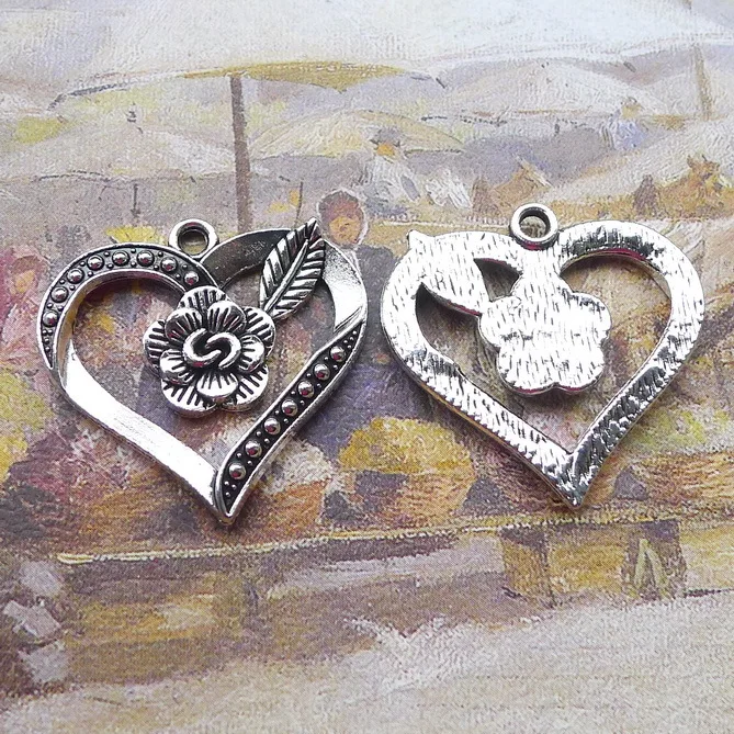 

6pcs/Lot 28*29mm Antique Silver Color Flower Hollow Heart Charms Pendant For Jewelry Making DIY Jewelry Findings