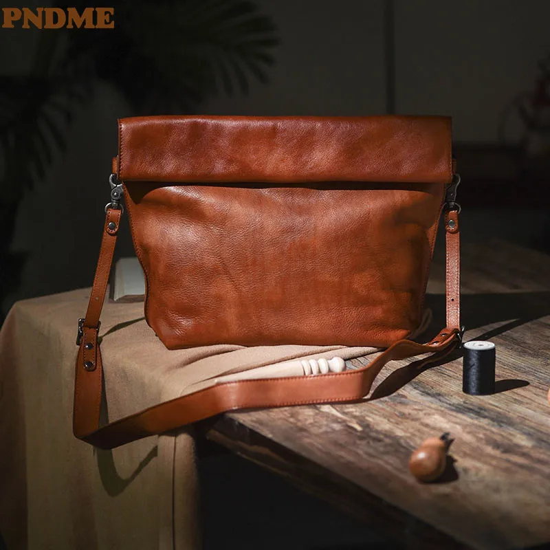 PNDME designer original natural genuine leather men's messenger bag fashion daily real cowhide folding anti-theft shoulder bag