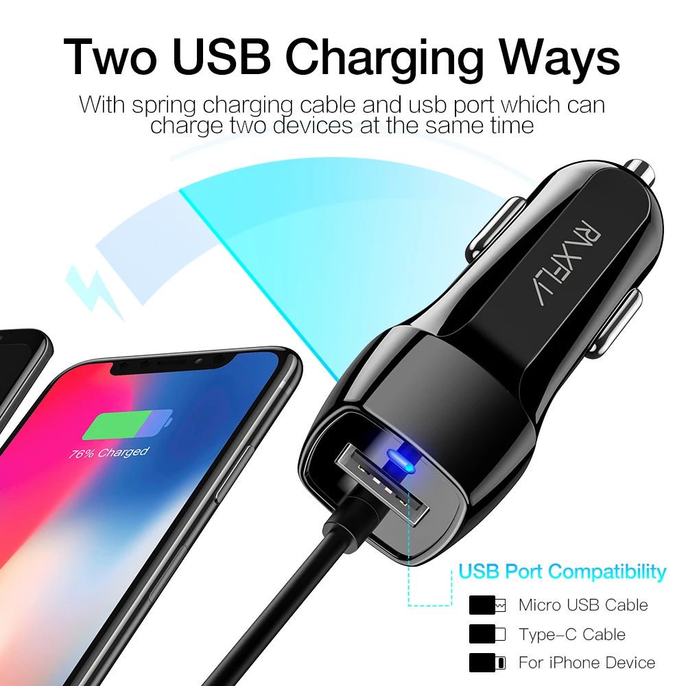 

RAXFLY USB Car Charger With Micro USB Type C Lighting Cable Car Charging For iPhone X XR XSMax Car USB Adapter For Samsung S8 S9