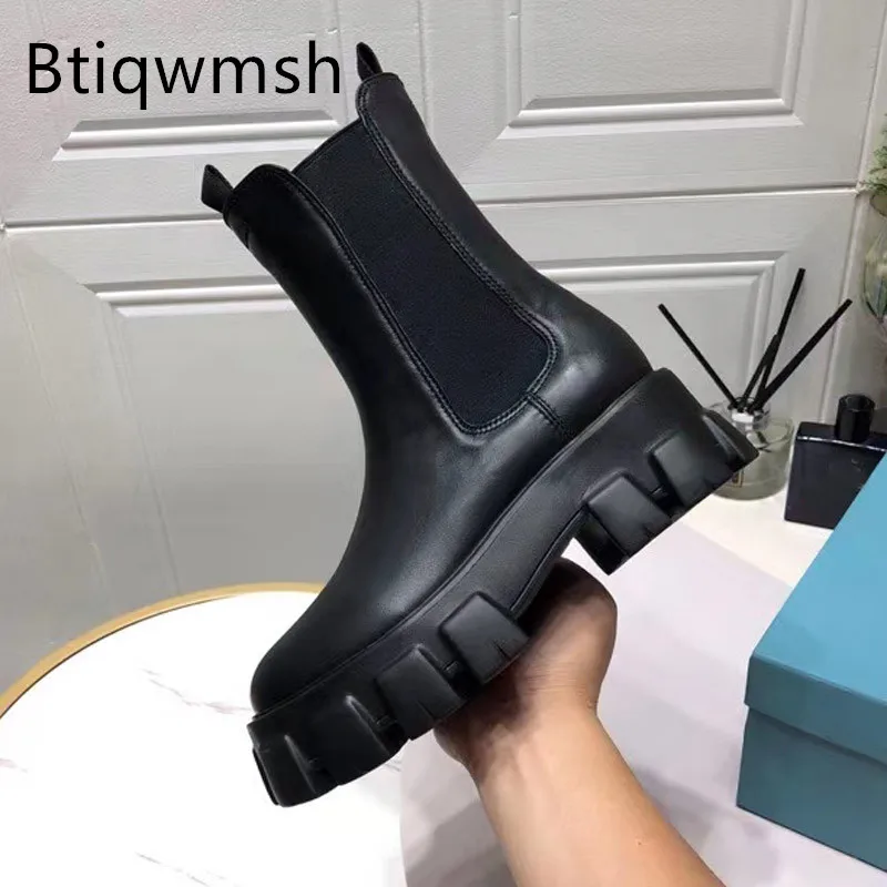 

Chic Design Chelsea Boots Women Round Toe Black Soft Real Leather Gear Thick Bottom Platform Wedges Botas De Mujer