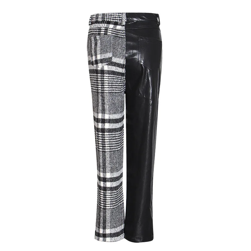 2020 New Color Contrast Plaid Women's Cropped Trousers PU Leather Asymmetrical Slim High Waist Women's Straight Casual Pants