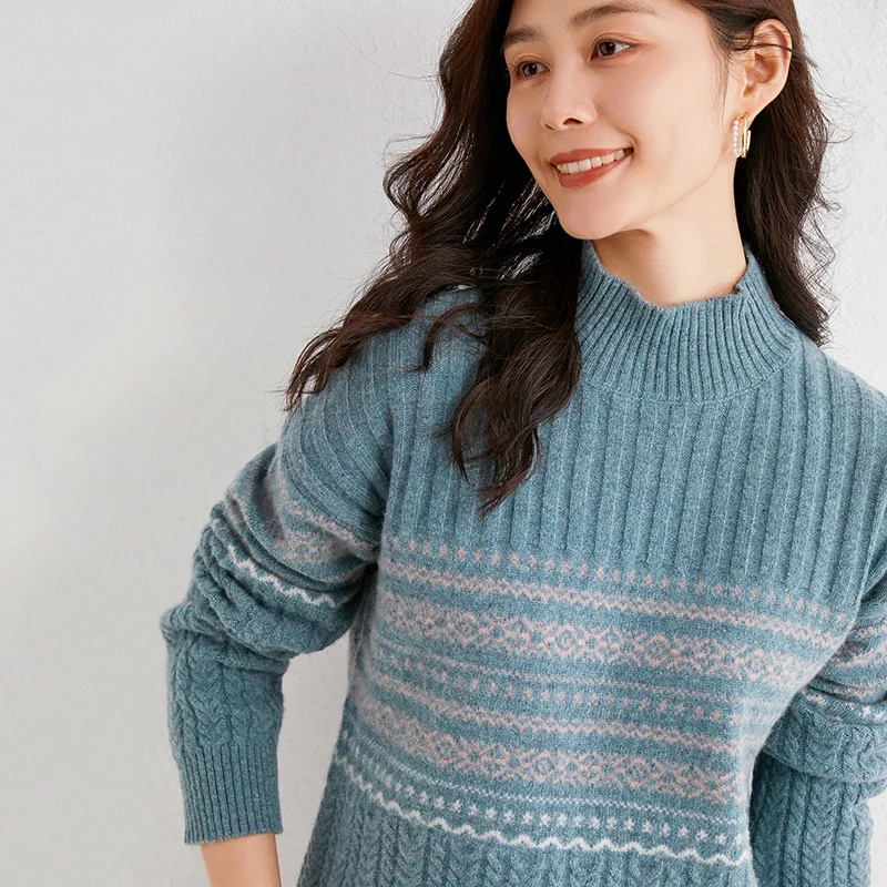 

Свитер женский шерстяной в полоску, с высоким воротником и длинным рукавом, зима 20