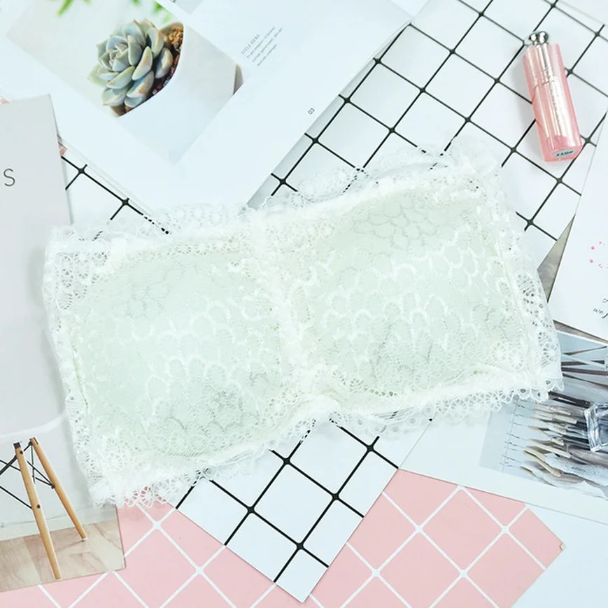 

Girls/ladies Removable Chest Pad Lace Pattern Anti-dew Point Double Layers Strapless Bra Bandeau Tube
