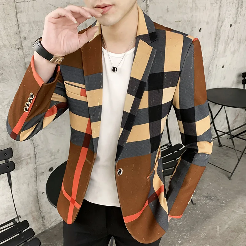

LEOSOXS Men's Suit Blazer New Fashion Style Hit Color Plaid Stitching Pattern Slim Casual Warm Men's Blazer