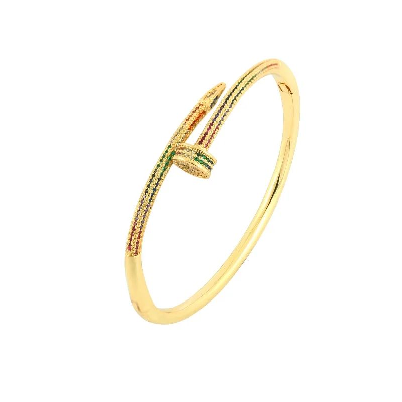 

Nail CZ Women's Bangles Bracelets Copper Zirconia 18K Gold Plated Adjustable Open Bracelet Multicolored Crystal Rainbow Bangle