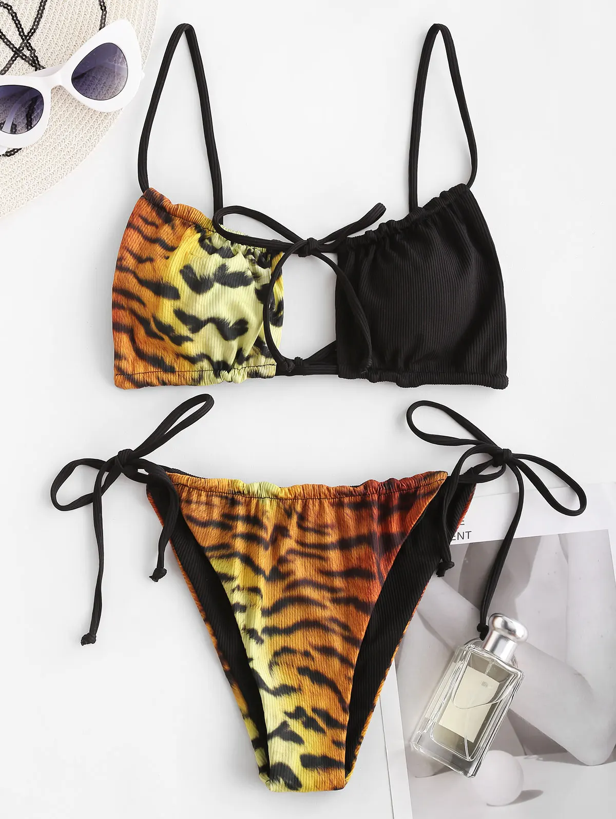 

ZAFUL Ribbed Tiger Print Tie Side Tanga Bikini Swimwear Bathing Suit Swim Wear 2 Piece Women Beachwear