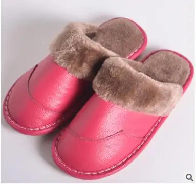 Rose red Мужские зимние новые кожаные Тапочки кожаные домашние Нескользящие мягкие тапочки на плоской подошве мужские теплые хлопковые тапочки для пары женщин - Цвет: Rose red