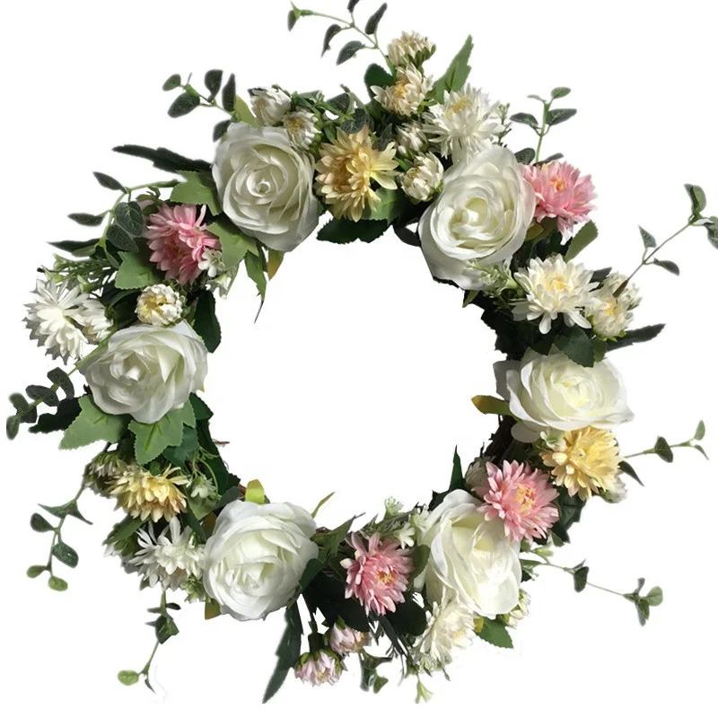

16 Inch Artificial Silk Chrysanthemum Floral Roses Door Wreath Wedding Decorative Wreath