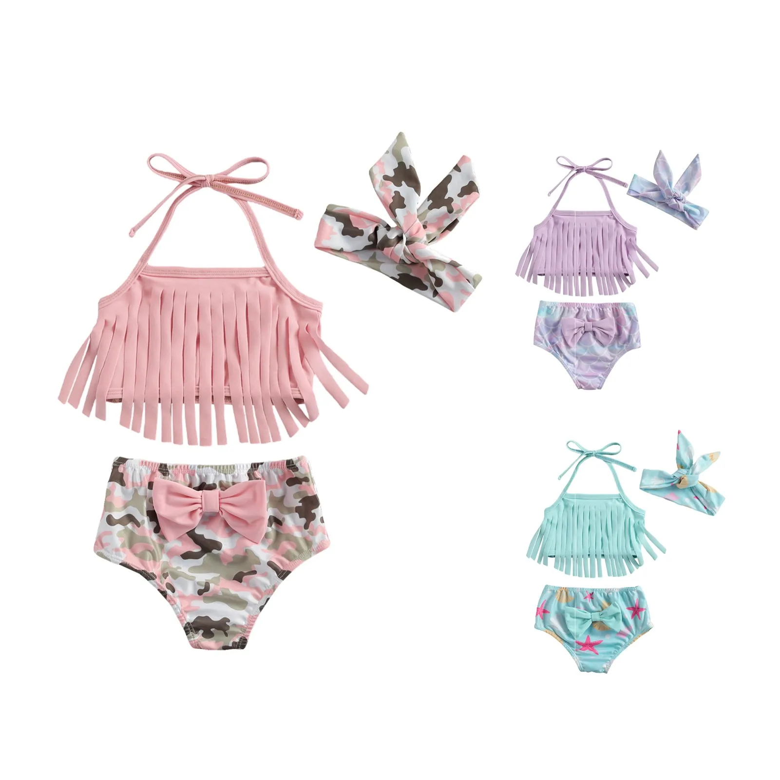

0-3Y Toddler Kid Baby Girl Summer Swimwear 3Pcs Set Tassels Sleeveless Top+Print Shorts+Headband Swimsuit Beach Clothes