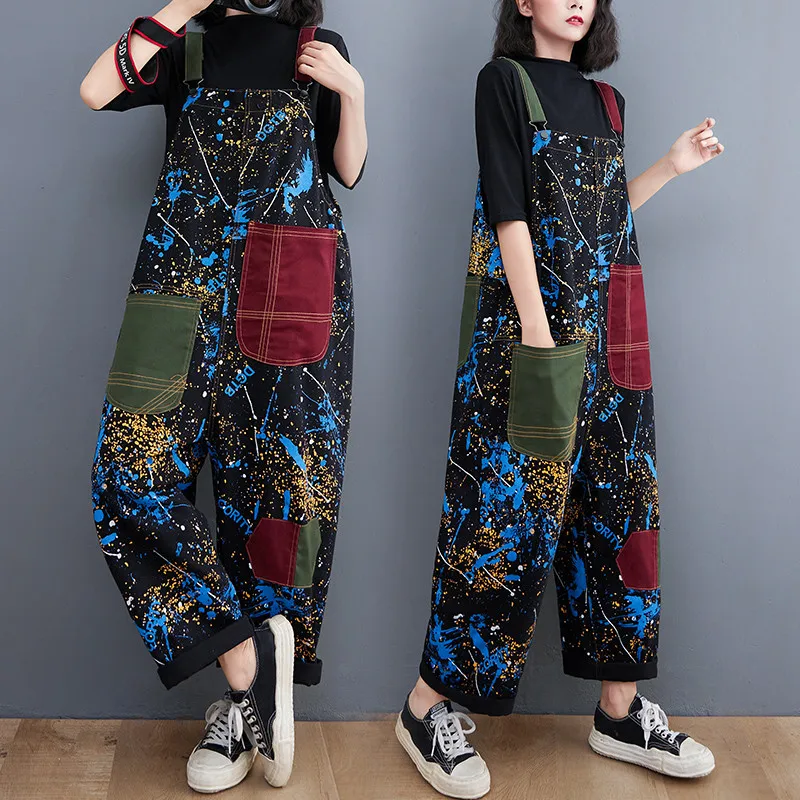 

Large Size Denim Overalls Korean Retro Loose Starry Print Wide Leg Pants Jeans Jumpsuit Women Vintage Patchwork Trousers M250