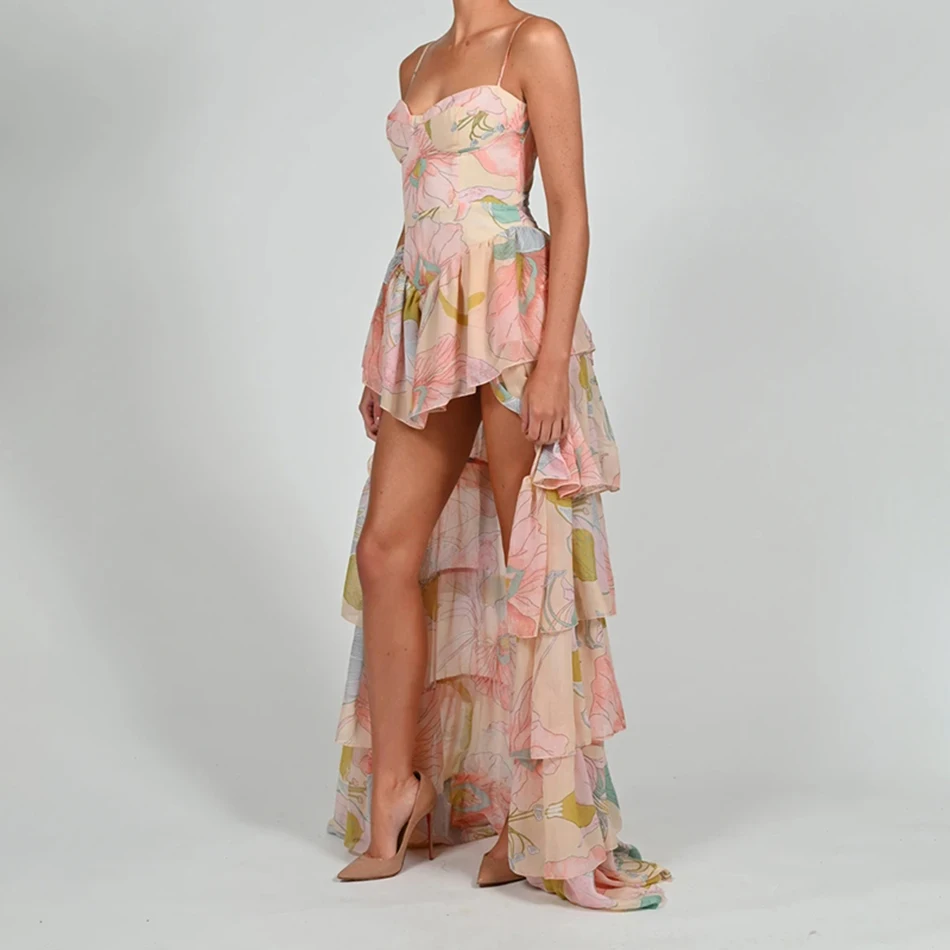 Женское платье в пол с каскадными оборками элегантное вечернее принтом лето 2021 |
