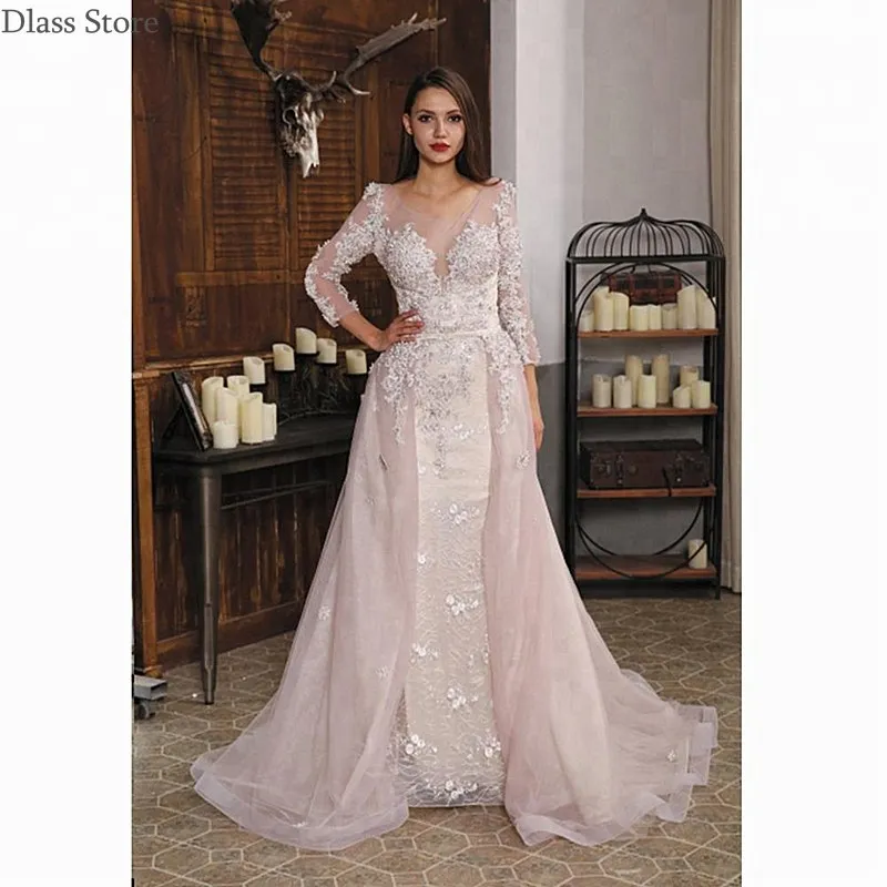 

Light Pink Evening Dress Mermaid Detachable Sweep Train Applique Beads O-neck Long Sleeves Lace Prom Dress вечернее платье