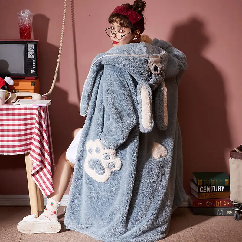 Autumn Winter Facecloth Robe Bathrobe Nightgown Female Thickened Plus Velvet Coral Velvet Medium-length Pajamas Cute Home Wear