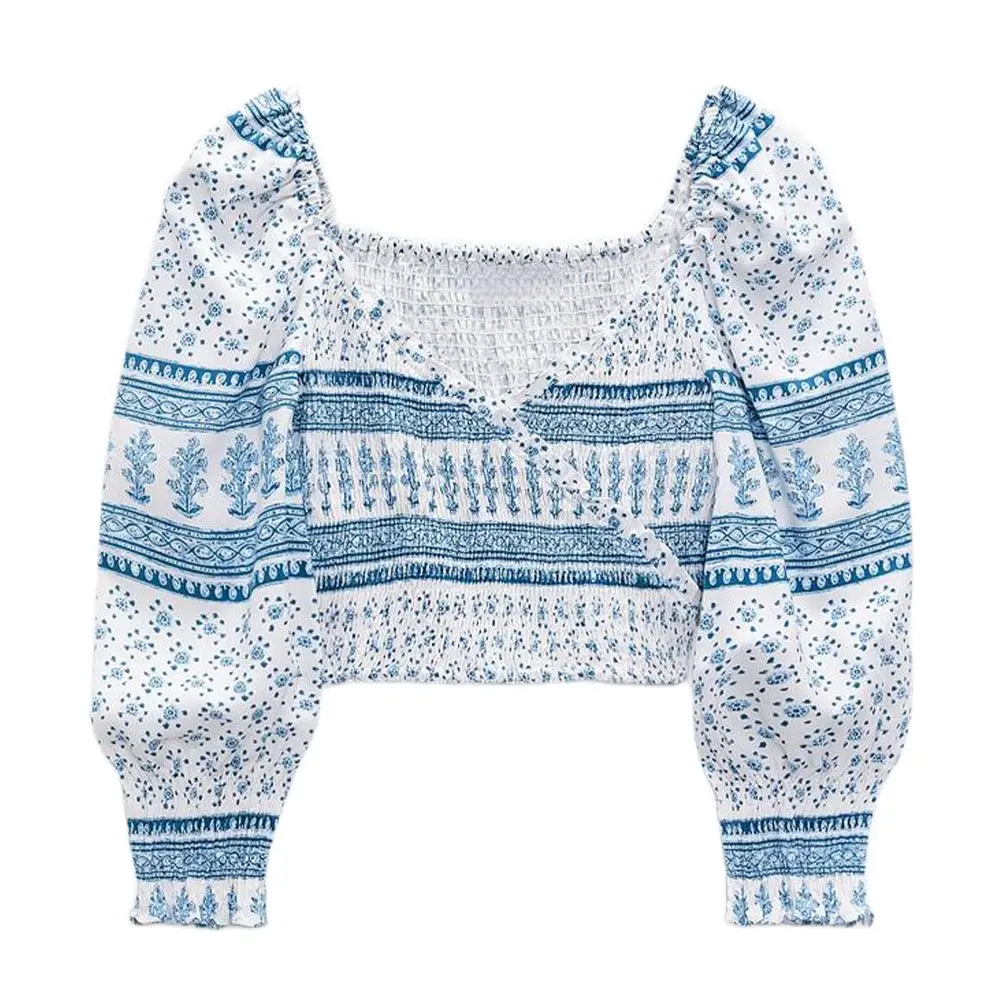 

Женская летняя новая женская одежда DiYiG 2021, универсальная Повседневная плиссированная синяя рубашка с V-образным вырезом и длинным рукавом, ...