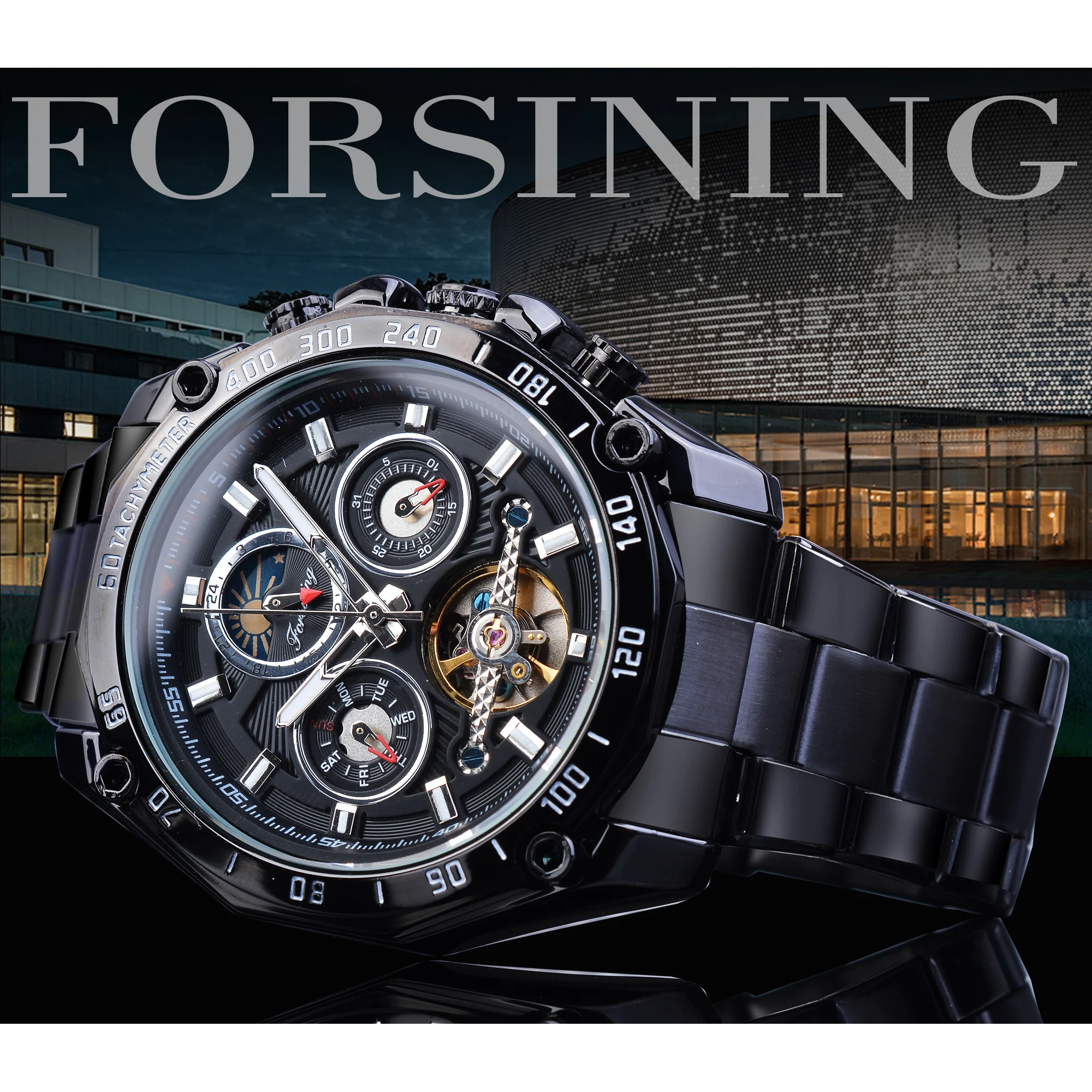 Forsining полностью черные Tourbillon механические часы мужские Moonphase Дата нержавеющая сталь Группа Автоматические наручные часы Erkek Kol Saati
