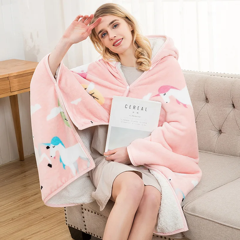 

Thicked Flannel Blanket Hoodie Travel Hooded Wearable Sweatshirt Unicorn Warm Fleece Coats Lazy TV Blankets for Home Office