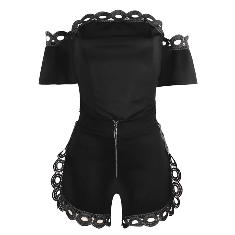 

Cutwork Lace Crochet Romper Ruffle Off Shoulder Women Strapless Playsuit Front Zipper Sexy Elegant Party Jumpsuits Frill Solid