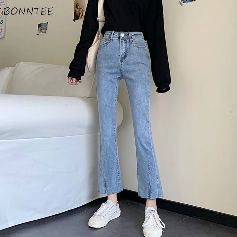 

Jeans Women Front-slit Spliced Flare Elegant Korean Style Casual Slim Trendy Retro Stretchy Chic Ankle-length Female Denim Ins