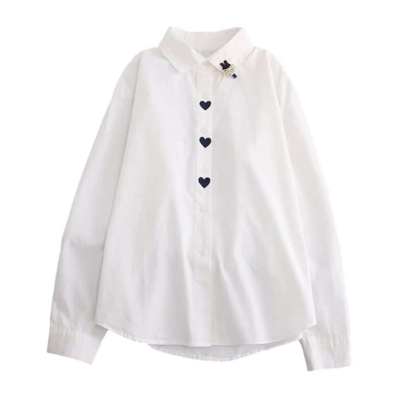 

Spring New Fashion Blouse Women White Long Sleeve Tops Kawaii Heart Embroidery Autumn Button Up Chic Korean Elegant Shirts 2022