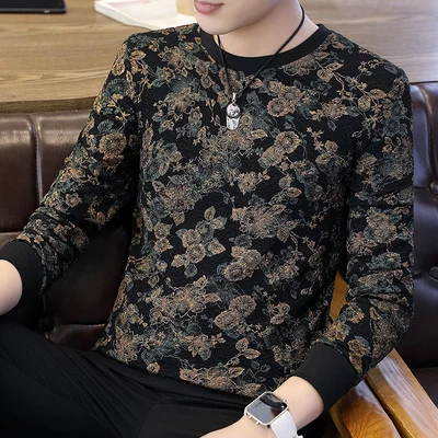 

2019 autumn and winter new men's casual color matching letter round neck long-sleeved T-shirt