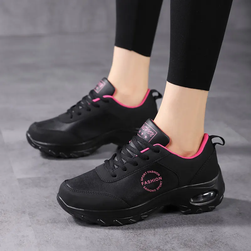 ZHENZU 2022 New Leather Black Running Shoes Air Cushion Women Sport Sneakers Tennis Trainers Gym Walking zapatillas de deporte