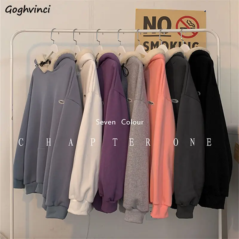

Women with Hat Hoodies Thickening Casual Solid Loose Sweatshirts Female Tops Winter Warm Pockets Front Pullover Ulzzang Leisure