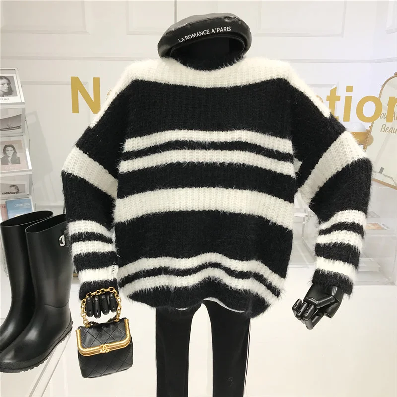 

Korean Loose Black and White Striped Long-sleeved Pullover Sweater Autumn and Winter Women's Casual Knitted Top Jumpers