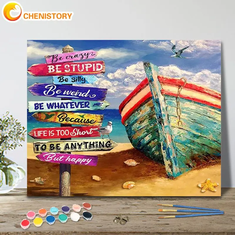 

CHENISTORY Drawing By Numbers Woodboat Seabeach Landscape Diy Painting By Numbers 60x75 Frame Home Decor Digital Painting On Can